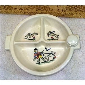 ⭐️Rare Old HANKSCRAFT Ceramic Pink Hunting Scene Divided Baby FOOD WARMING DISH